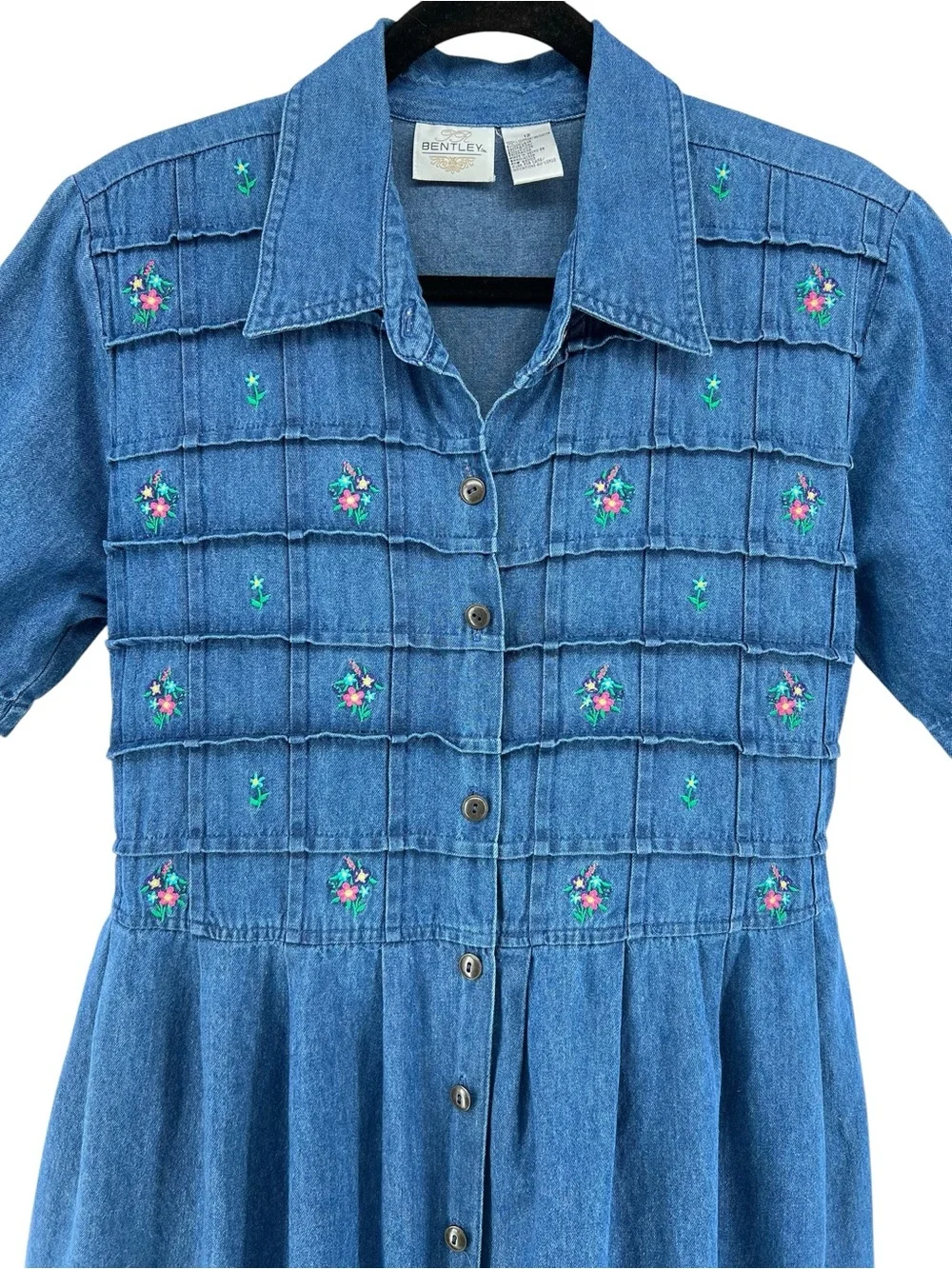 Vintage 90s Bentley Denim Midi Dress Floral Embroidered Prairie Cottagecore 12